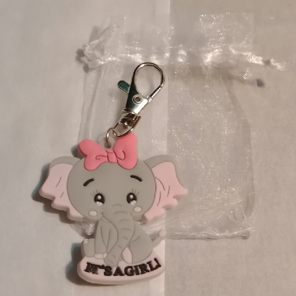 Cute Elephant Keychain for a Baby shower- Pink and Gray In A white bag